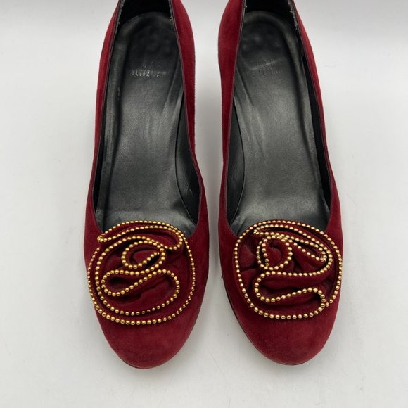 Stuart Weitzman Red Velvet Floral Block Heel Pumps Size 6 1/2 Career Workwear - Picture 2 of 12